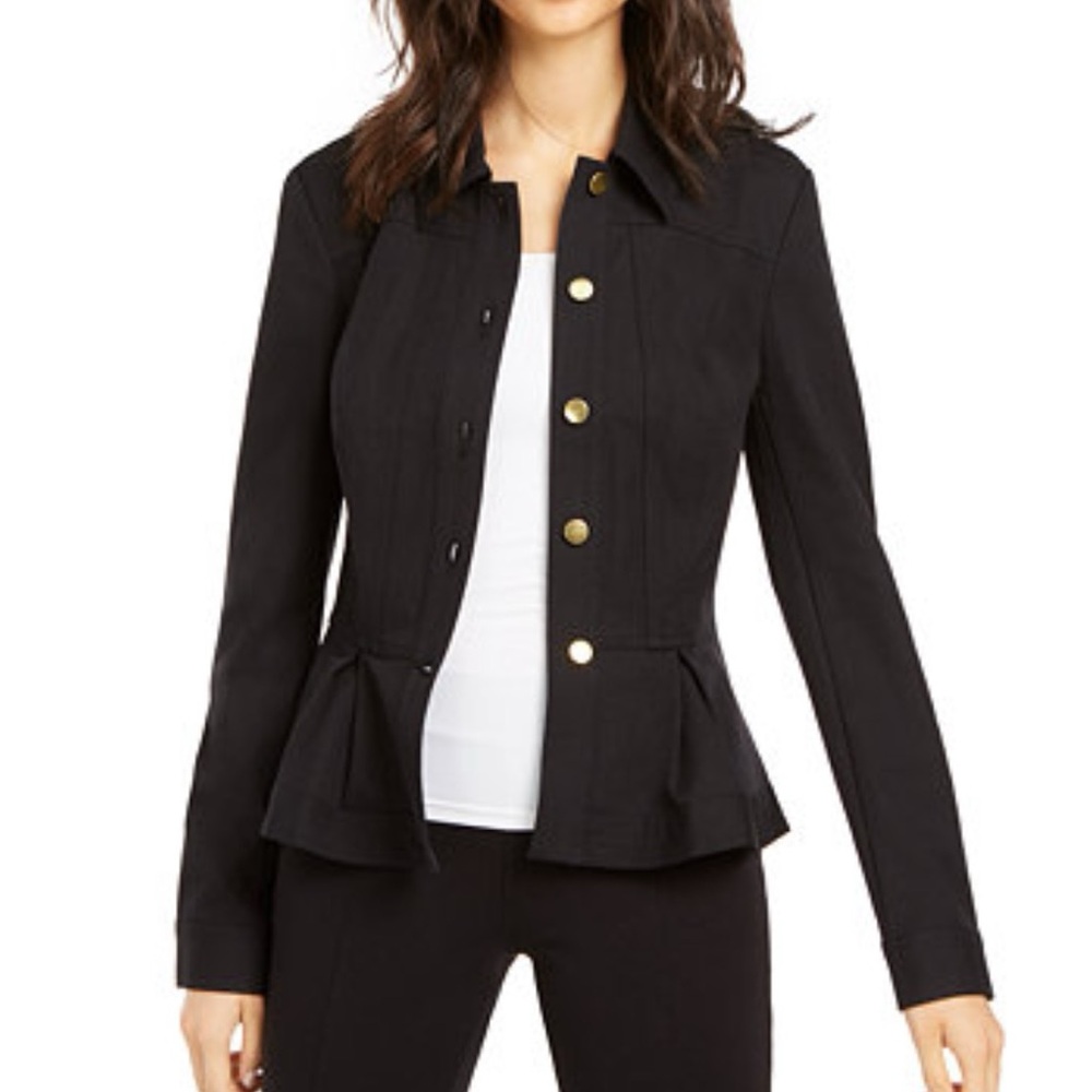 New INC Peplum Pleated Button Down Jacket Blazer Black Gold Button Women’s Sz XL - Picture 1 of 10